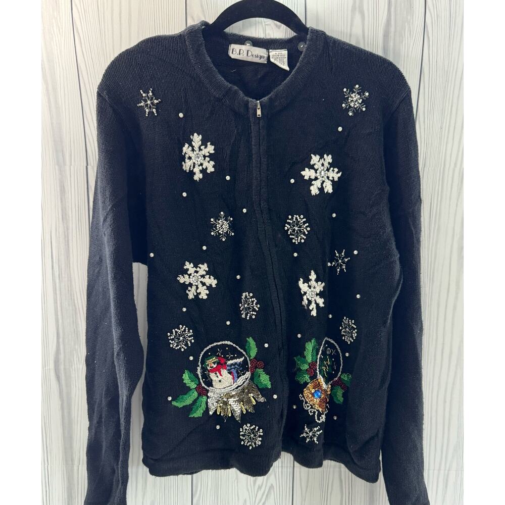 B.P Designs Vintage Christmas Sweater Black Snow Globes Size XL Black Bling